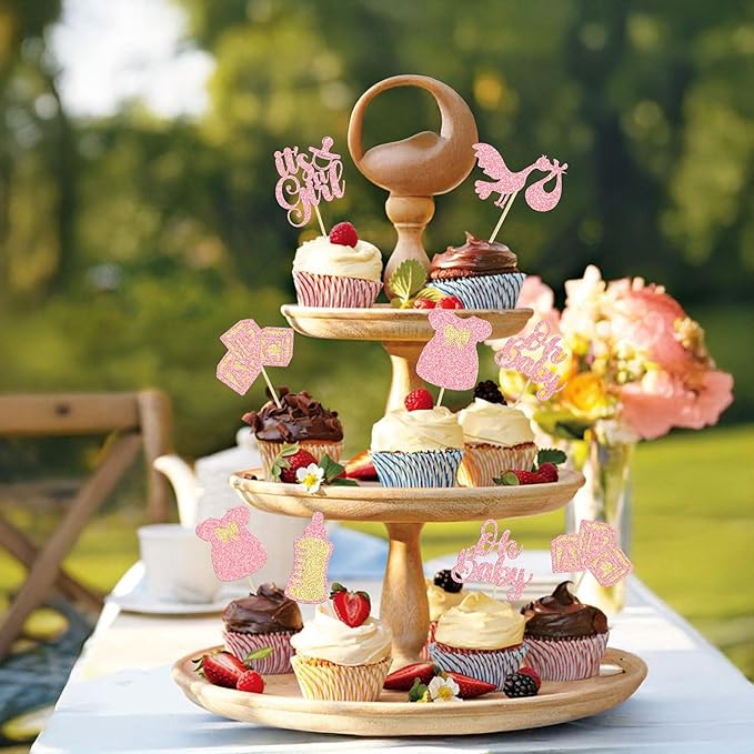 Gyufise 24Pcs Oh Baby Cupcake Toppers Glitter It's a Girl Cupcake Picks Bow Dress Baby Bottle Baby Shower Cake Decorations for Gender Reveal Baby Shower Kids Girls Birthday Party Supplies Pink