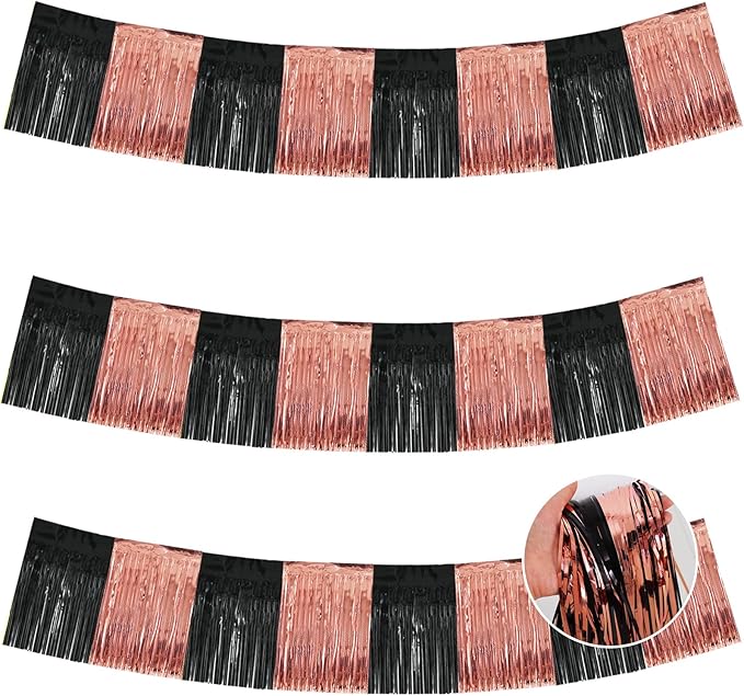 BEISHIDA 3 Packs Metallic Foil Fringe Garland Black Rose Wall Hanging Tinsel Fringe Banners for Car Floats Bridal Shower Wedding Birthday Graduation Holiday Party Decoration(30 Feet)