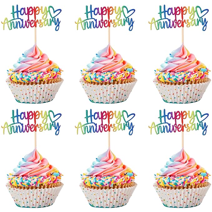 24 PCS Happy Anniversary Cupcake Toppers - Glitter Wedding Picks, Decorations for Baby Shower, Birthday Party Cake - Colorful Supplies