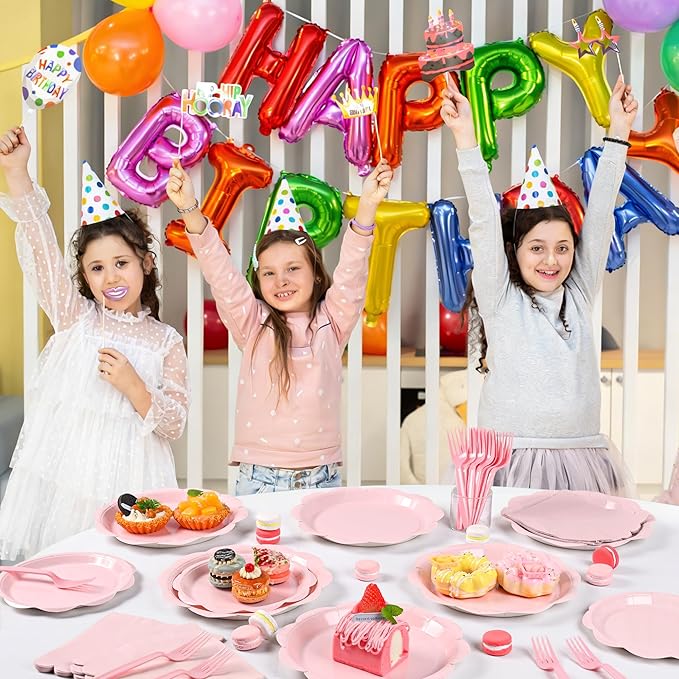 96 Pcs Pink Paper Plates and Napkins Set Party Supplies, Tableware set for 24 Guest include Disposable Pink Scalloped Plates, Napkins and Forks for Baby Shower Bridal Shower Wedding Mother Day
