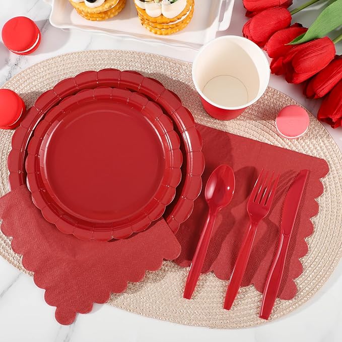 175 Pcs Red Plates and Napkins, 25 Guest Red Party Decorations Include Paper Plate and Napkins Cups Plastic Spoons Forks Knives for Birthday, Picnic, Graduation