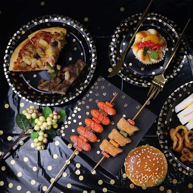 12 Pack Plastic Tablecloths for Rectangle Tables, Black and Gold Waterproof Disposable Party Table Cloths, Table Covers for Decorations, Graduation, Birthday, Cocktail Party, 54" x 108"