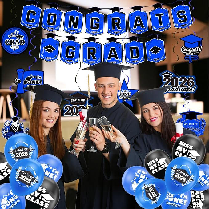 Graduation Decorations 2026 Blue Themed Set - Congrats Grad Banner, Class of 2026 Backdrop, Balloons & Streamers Kit - Complete Party Supplies for High School & College Celebrations