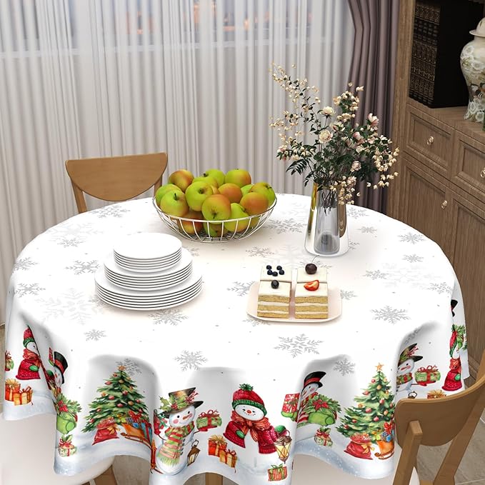 Winter Snowman Round Tablecloth White Tablecloth 60 Inch Christmas Snowflake Pattern Circle Table Cloth Xmas Holiday Table Cover Indoor Decor for Home Kitchen Dinning Party