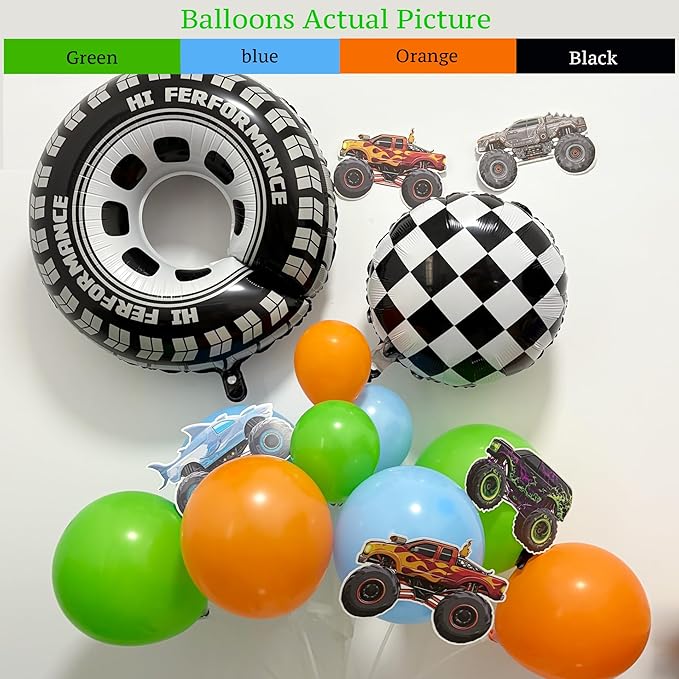 132pcs Monster Truck Birthday Decorations for Boys – Colorful Balloon Arch Kit with Wheels Foil Balloons, Truck Cutouts, Orange Green Blue Balloons, Racing Party Supplies for Kids