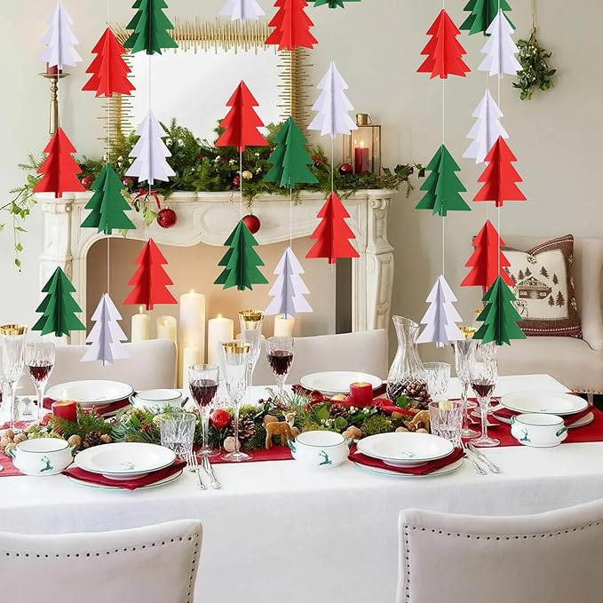 BEISHIDA Red White Green Christmas Decorations, 2 Pcs 3D Christmas Tree Paper Garland Xmas Hanging Streamer Party Decorations for Home Office Classroom Baby Shower Party Supplies
