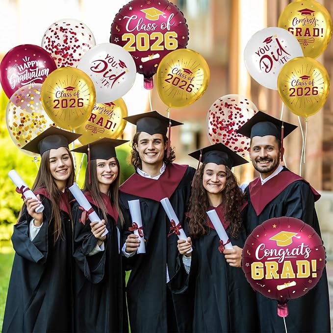 Maroon and Gold Graduation Balloons Graduation Decorations 2026, 51Pcs Grad Latex Balloons and Grad Foil Balloon with Confetti Ribbons Grad Party Decorations for College High School