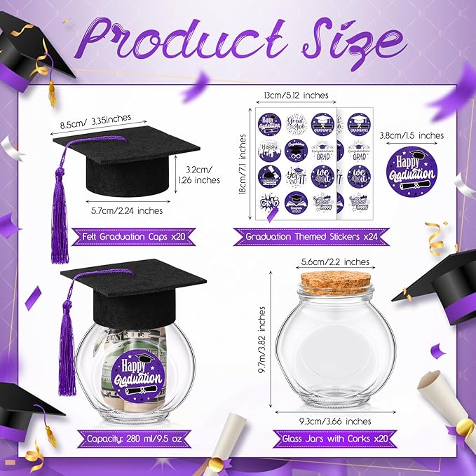 20 Sets Glass Graduation Cap Candy Jars Class of 2026 Graduation Party Decorations Candy Boxes Containers with Sticker for 2026 Grad Ceremony Party Supplies DIY(Purple)