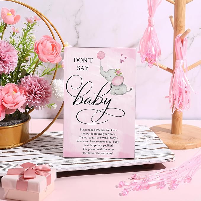 Geetery 51 Pcs Don't Say Baby Game Sign Cool Baby Shower Game 50 Pacifier Necklace Wooden Don't Say Sign Plastic Pacifier Party Favor for Gender Reveal(Elephant,Pink)