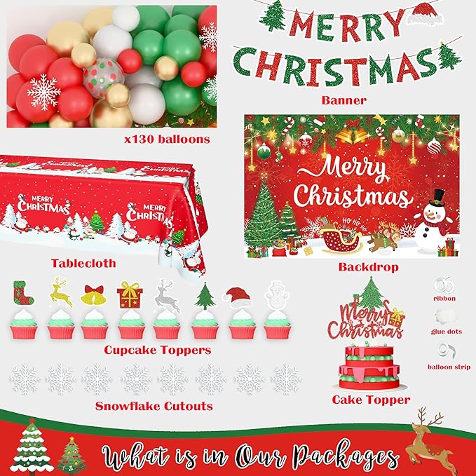 Merry Christmas Party Decorations Kit, Christmas Balloon Garland Arch With Red Green Gold Snow Santa Party Supplies Banner Topper Backdrop Tablecloth - Winter Holiday Indoor Outdoor Home Decor
