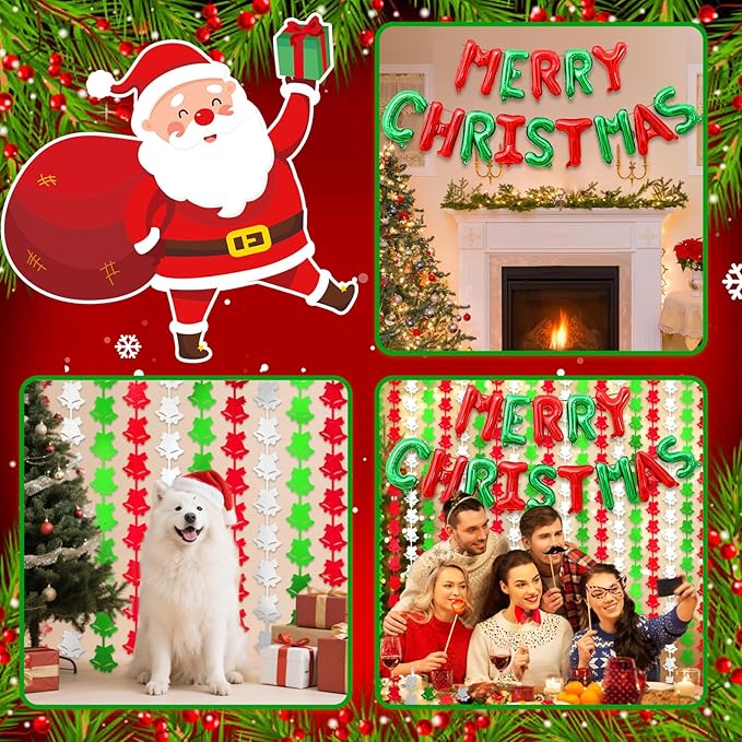 2Pack Christmas Foil Fringe Curtains with Merry Christmas Balloons, 3.3 x 6.6Ft Bell Backdrop Tinsel Photo Booth Props Streamers for New Year Ugly Sweater Xmas Party Decorations Supplies