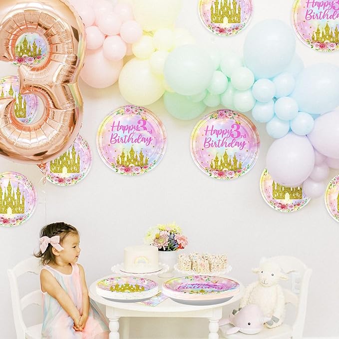 96 Pcs Princess 3rd Birthday Party Supplies Her Royal Threeness Party Plates and Napkins Watercolor Pastel Rainbow Castle Party Decorations for Girls Princess Three Years old Birthday Party Serves 24