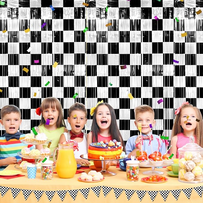 6 Pack 3.3Ft x 6.6Ft Race Car Checkered Foil Fringe Curtain Backdrop Decorations, Black White Metallic Tinsel Foil Streamers Curtain Photo Booth for Race Car One Happy Dude Birthday Party Decorations