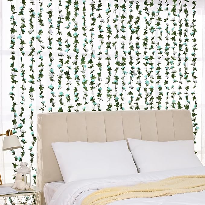 BLEUM CADE 12Pcs 98.4Ft Flower Garland Artificial Rose Vines for Bedroom, Cute Fake Hanging Flower Vines Floral Garland Decorations for Wedding Party Wall Room Decor Aesthetic