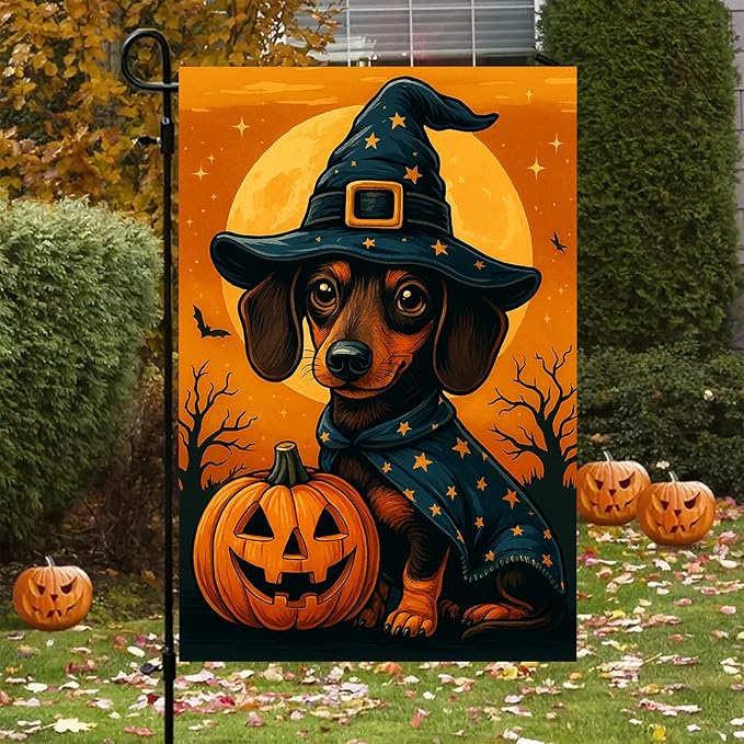 Halloween Garden Flag Dachshund Dog Pumpkin Witch Hat Double Sided 12x18 Inch Cute Fall Garden Flag Outdoor Yard Lawn Decor Trick Or Treat Banner Autumn Porch Decoration Spooky Holiday Sign