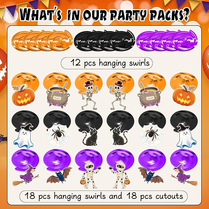 Halloween Hanging Swirls, 48Pcs Halloween Ceiling Hanging Decorations Ghost Pumpkin Witches Swirls Streamers for Indoor Outdoor Party Supplies