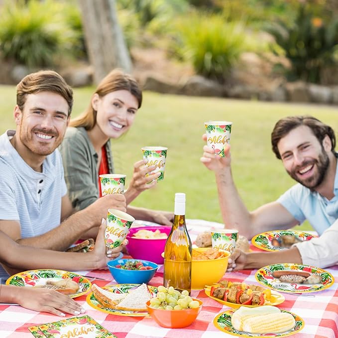 200 Pcs Tropical Hawaii Aloha Party Supplies Serve 50 Guests Luau Paper Plates Cups Napkins for Summer Beach Tableware Pool Party