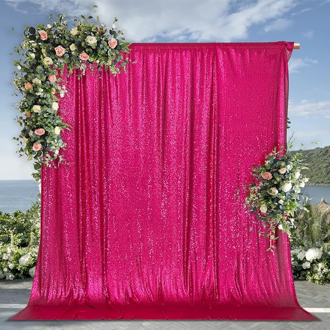 PartyDelight Hot Pink Sequin Backdrop 10x10ft - High Density 3mm Shimmer Sequin Background with 4-Inch Rod Pocket, Sparkly Photography Curtain for Stage, Gala & Large Event Decoration