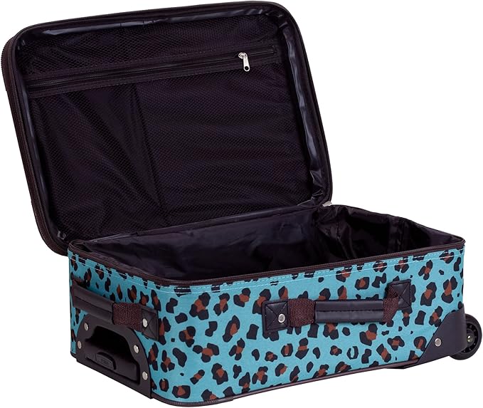 Rockland Fashion Softside 4 Piece Luggage Set, Expandable, (14" Tote/19"/24"/28"), Blue Leopard