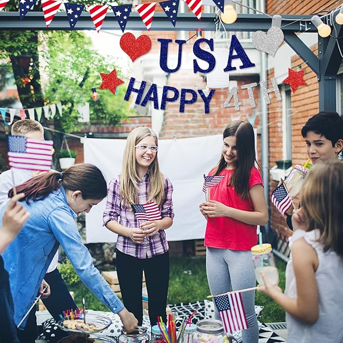 Fourth-4th of July Imemorial-Day Banner - Blue White Red Patriotic Garland Party Decorations, Hanging USA Pennant Flag Banners, America Independence Day Streamers Indoor Decor Lasting Surprise