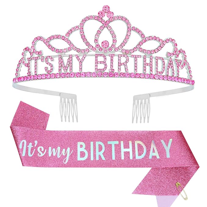 CAVETEE Birthday Crowns for Women - Its My Birthday Sash and Crown Set for Adult Women - Party Decorations and Gifts (Pink)