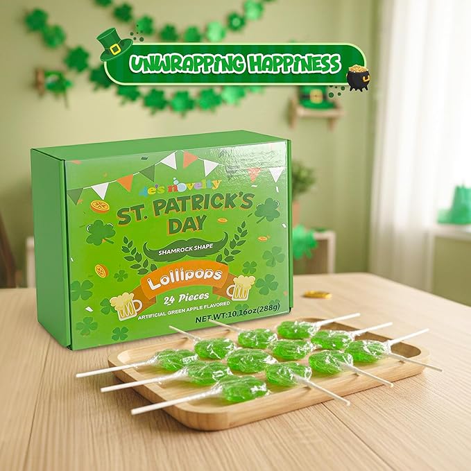 4E's Novelty 24 Pack St. Patrick's Day Shamrock Lollipops, Green Apple Flavor Individually Wrapped Shamrock Shape Candies, St Patricks Suckers Party Favors Goodie Bag Fillers, Fun St Patty's Day Office Classroom Candy