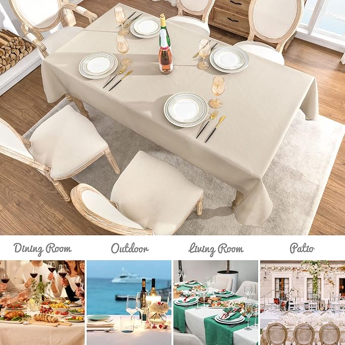 2 Pack Rectangle Tablecloth, 60x120 inch, Water Resistant Wrinkle Free Linen Textured Table Cloth Washable, Decorative Fabric Table Cover for Dining, Party and Camping, Beige