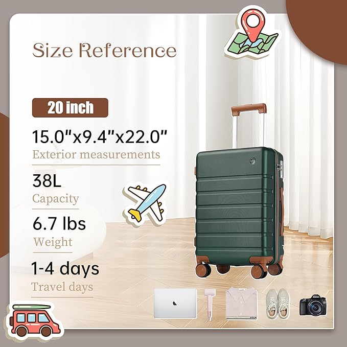 Hulsin Carry on Luggage Suitcase, 22x14x9 Airline Approved 20 Inch Hardside Carry-on Luggage with Spinner Wheels, Hard Shell Luggage with TSA Lock, Hard Case Small Travel Suitcase (Green, 20-Inch)