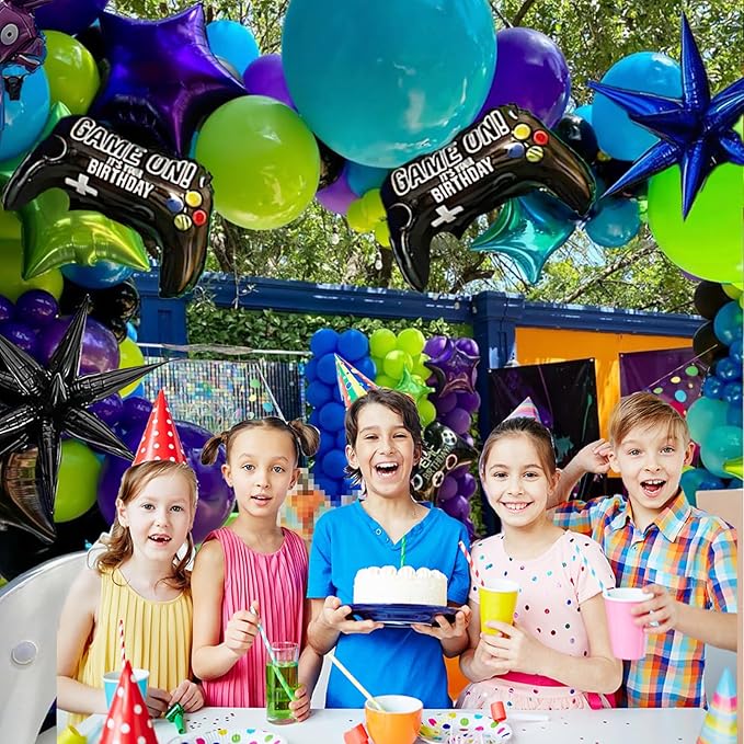Video game Themed blue and green chrome purple balloon garland arch kit 140+pcs with handle star mylar balloon for Video game Themed Birthday party decorations