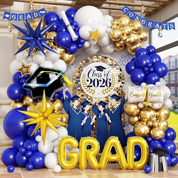 Blue Graduation Balloons Garland Arch Kit, 113 PCS Blue Gold White Graduation Star Print Cap Certificate Grad Foil Balloons with Gold Explosion Star Balloon for Graduate Class of 2026 Prom Party Decor