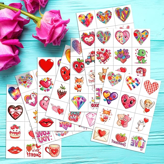 JCFIRE 96Pcs Valentines Day Stickers for Kids Temporary Tattoos, Heart Stickers for Valentines Day Gifts for Kids Classroom Exchange, Waterproof Decals for Party Favors, Goodie Bags, Crafts
