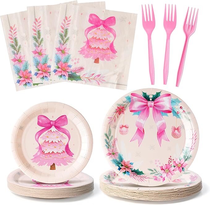 Christmas Coquette Pink Bow Xmas Tree Party Plate Supplies - Serves 24-96Pcs Party Tableware Decoration Disposable Paper Plate Napkin Fork for Winter Holiday Birthday Bachelorette