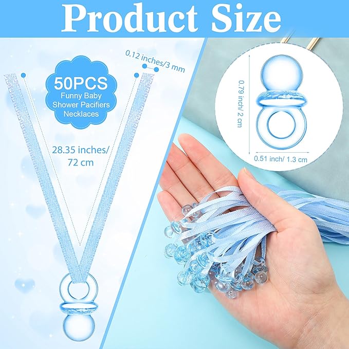 Geetery 51 Pcs Don't Say Baby Game Sign Cool Baby Shower Game 50 Pacifier Necklace Wooden Don't Say Sign Plastic Pacifier Party Favor for Gender Reveal(Bee,Blue)