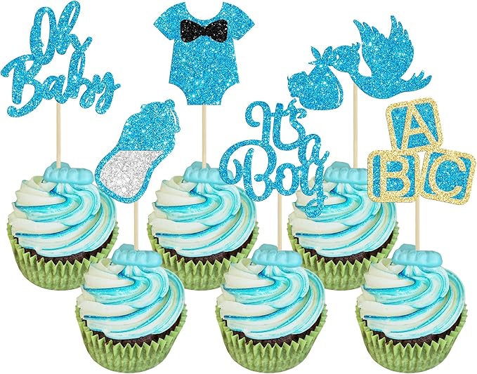 24Pcs Oh Baby Cupcake Toppers Blue Glitter It's a Boy Cupake Toppers with Swan Onesie Bottle Baby Shower Gender Reveal Cupcake Picks Decorations for Kids Boys Birthday Party Cake Decorations Supplies