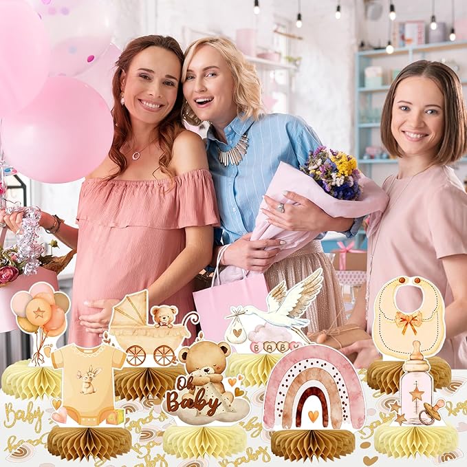 8Pcs Bear Baby Shower Decorations Honeycomb Centerpieces for Girl, Confetti Baby Shower Table Decorations Birthday Party Table Centerpieces Toppers Party Decor (Pink)