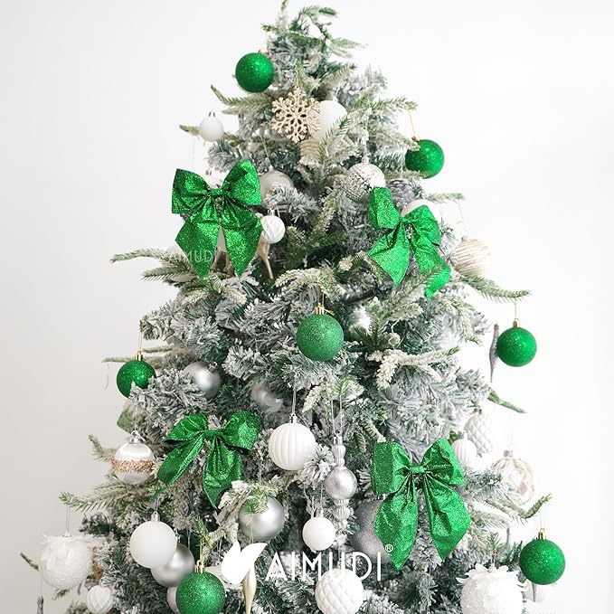 AIMUDI Green Glitter Wired Ribbon Bows with Twist Tie 5.5" Premade Metallic Christmas Bows for Gift Wrapping, Wreath, Garland, Holiday Crafts Party Home Outdoor Christmas Tree Decorations, 12 PCs