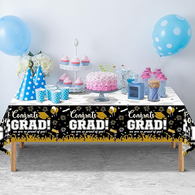 12Pack Graduation Tablecloth Party Decorations, Class of 2026 Congrats Grad Plastic Tablecover Party Supplies, Black and Gold Rectangle Graduation Table Decor for College High School Party, 54x108Inch