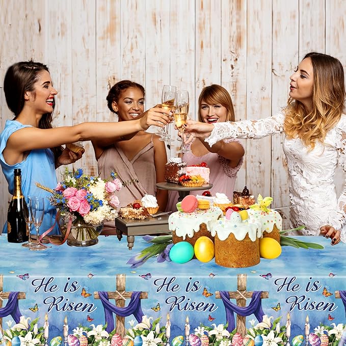 4 Pcs Easter Plastic Tablecloth, Religious He is Risen Tablecloths Rectangle Disposable Table Cover for Home Picnic Dinner Easter Party Decoration, 54 x 108 Inch