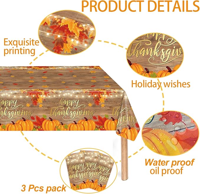 Thanksgiving Disposable Tablecloth, 54 x 108 Inch Rectangle Waterproof Plastic Fall Theme Tablecloth for Harvest Party Table Decoration (Pumpkin 3 Pack)