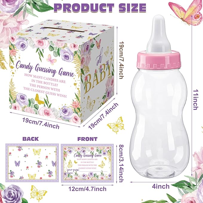 Glenmal 52 Pcs Baby Shower Games Gift Sets Large Baby Bottle for Shower Game Guess How Many Candies Decorations for Gender Reveal(Butterfly)