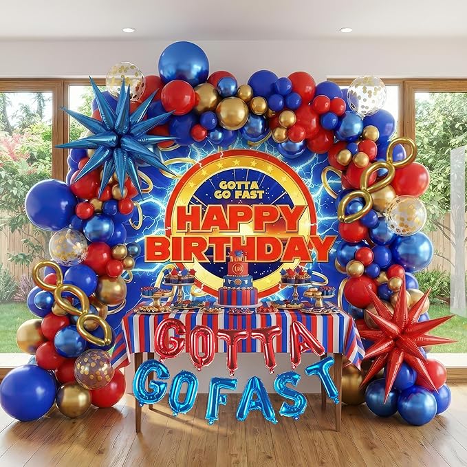 Red Blue Gold Hedgehog Birthday Party Decorations with small balloon arches gotta go fast Letter Star foil balloons backdrop for video game Cartoon Movies Super hero themed birthday party decor