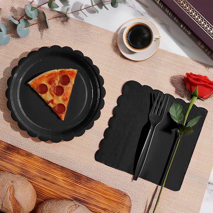 105PCS Paper Plates and Napkins Set,7 Inch Scalloped Disposable Tableware with Forks for Birthdays, Garden Parties & Outdoor Events,Serves 35 (Black)