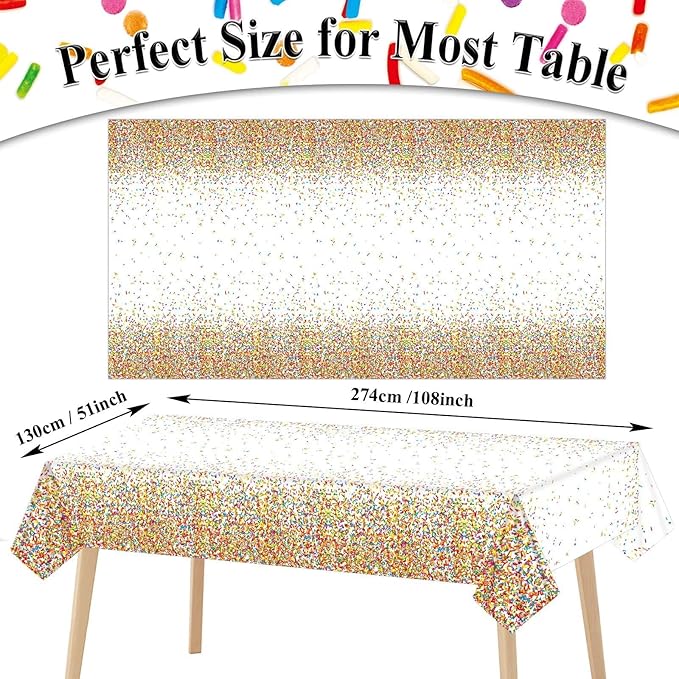 3 Pieces Confetti Sprinkles Birthday Tablecloth for Happy Birthday Decoration Plastic Disposable Rectangle Sprinkles Party Table Covers for Kids Two Sweet Donut Weddings Party Favors, 54 x 108 Inches