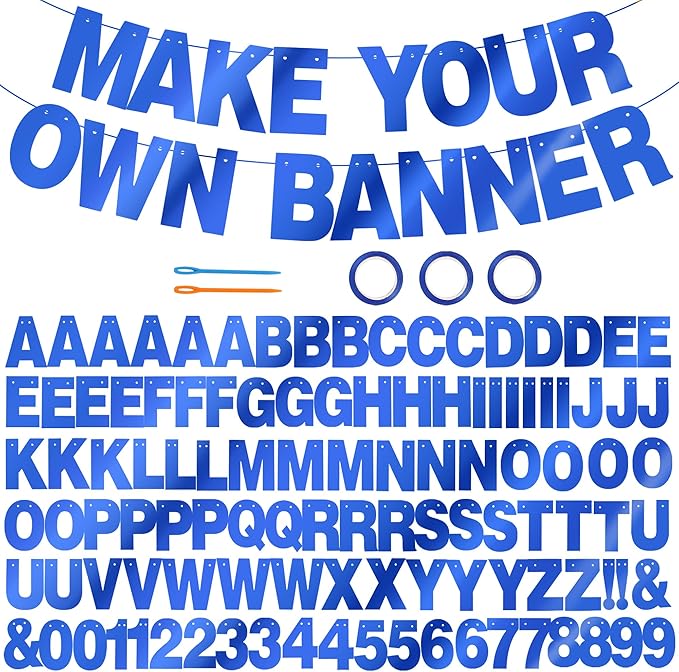 BEISHIDA 116 PCS A-Z DIY Letter Banner Kit Make Your Own Banner Double-sided Blue Including 111 Letters and Numbers 3 Rope and 9 Threading Device,Customized for Birthday Graduation Wedding Decor