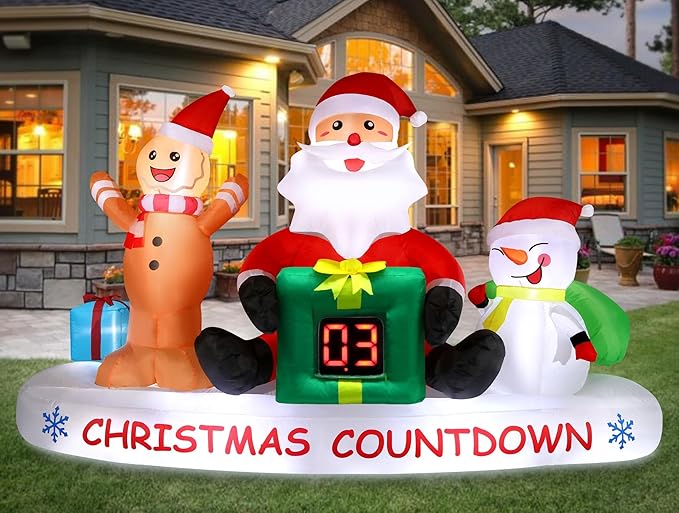 Alupssuc 8 FT Christmas Inflatable Outdoor Decorations with LED Christmas Countdown Clock, Snowman Santa and Gingerbread Man, Lighted Blow Up Lawn Yard Clearance for Indoor Xmas Holiday Party Decor