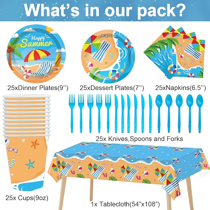 Qyeahkj 184 Pcs Beach Party Supplies Plates Napkins Set Includes Summer Plates Napkins Cups Tablecloth Swirls Banner Tableware Kit Beach Hawaiian Pool Birthday Decorations Favors for Kids, Serve 25