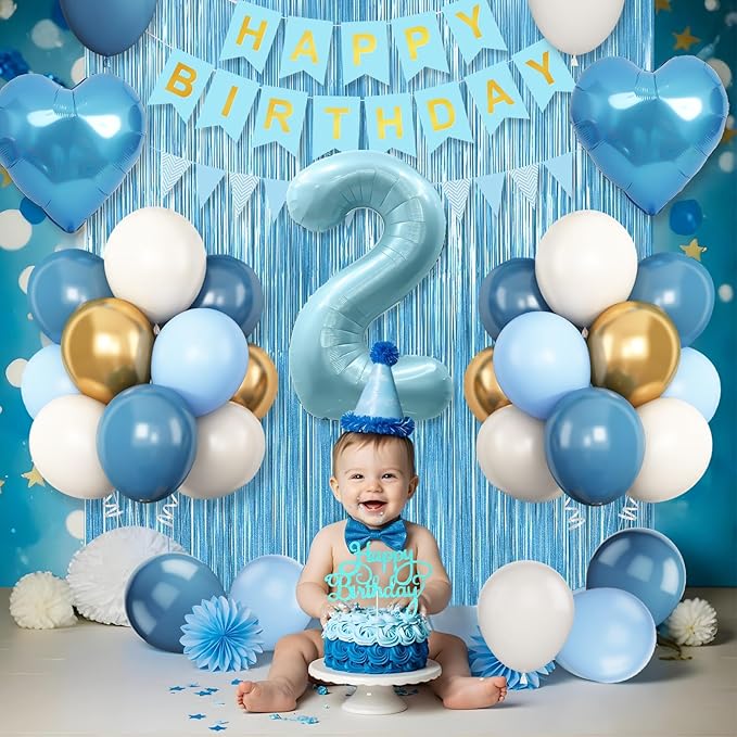 2nd Birthday Decorations Blue White Gold, 25pcs Balloons, Banner, Fringe Curtain, Heart Foil Balloons, Cake Topper, Boys Girls 2 Year Old Birthday Decor