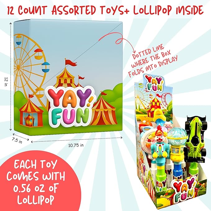 YAY! FUN Party Favors Supplies for Kids, 12Ct Bulk Individually Wrapped Lollipop with Interactive Toys, Perfect for Party Favors, Goodie Bags & Kids Surprise Gifts, Home/ school treasure box, Holiday basket (12 Count)