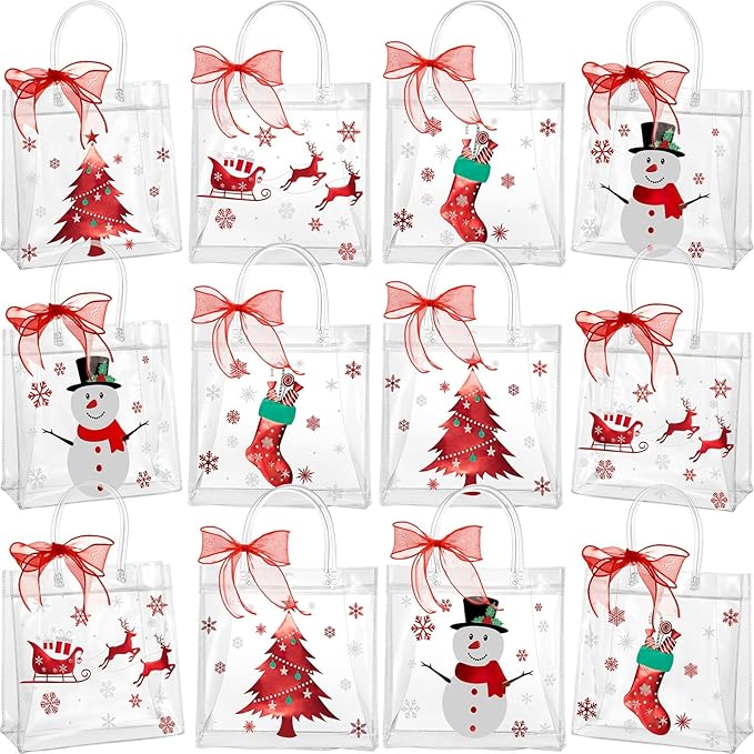 Henoyso 12 Pcs Christmas Clear Gift Bags Plastic Candy Treat Goodie Bags Red Foil Santa PVC Wrap Totes with Handles and Ribbon Xmas Party Favors (Snowman and Christmas Tree,7.8 x 7.8 x 3.1 Inch)