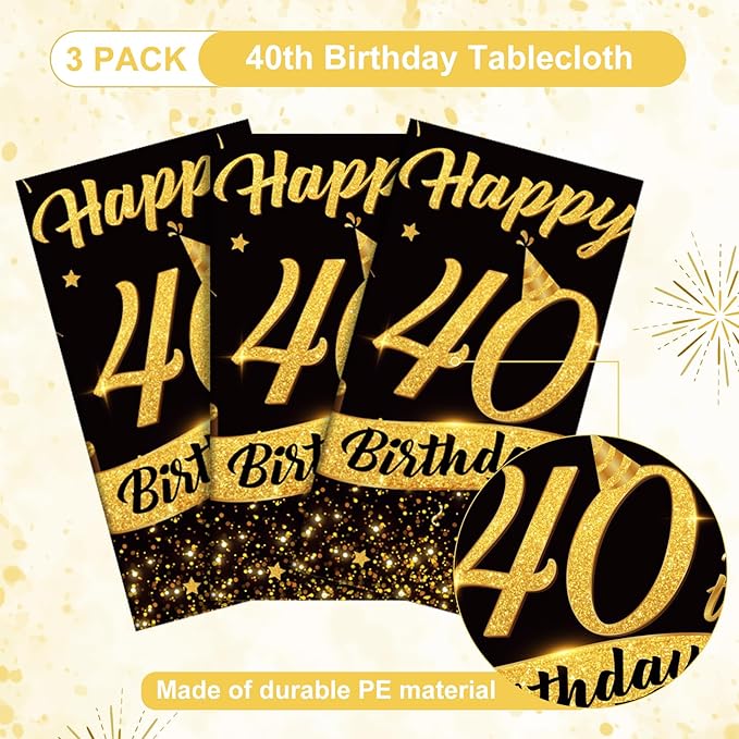 3 Pack 40th Birthday Plastic Tablecloth, 54x108 Inch Black Gold Disposable Rectangle Table Cover Waterproof Table Cloth for Birthday 40 Anniversary Party Supplies